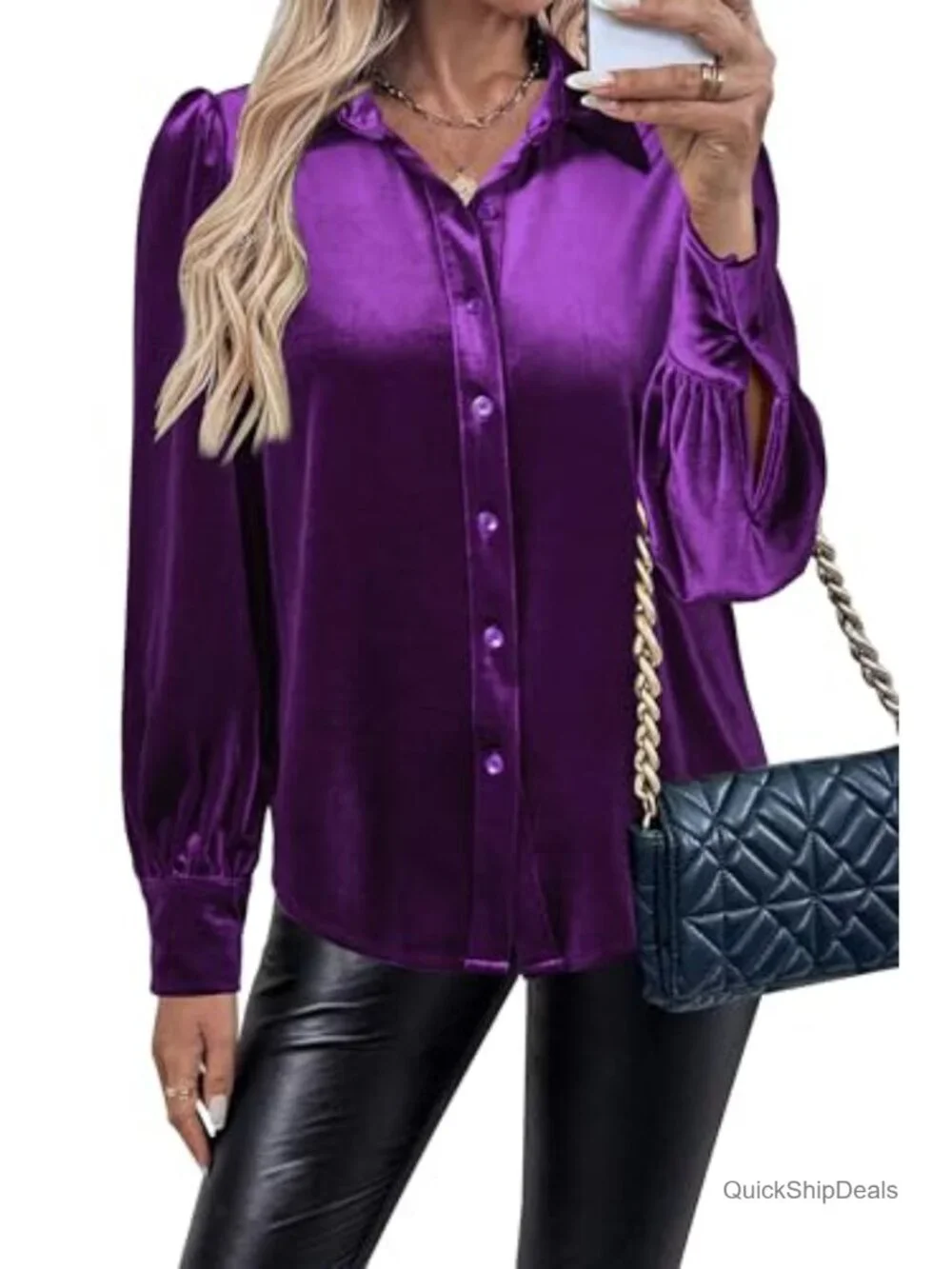 Luxe Velvet Long Sleeve Button Down Blouse with Puff Sleeves